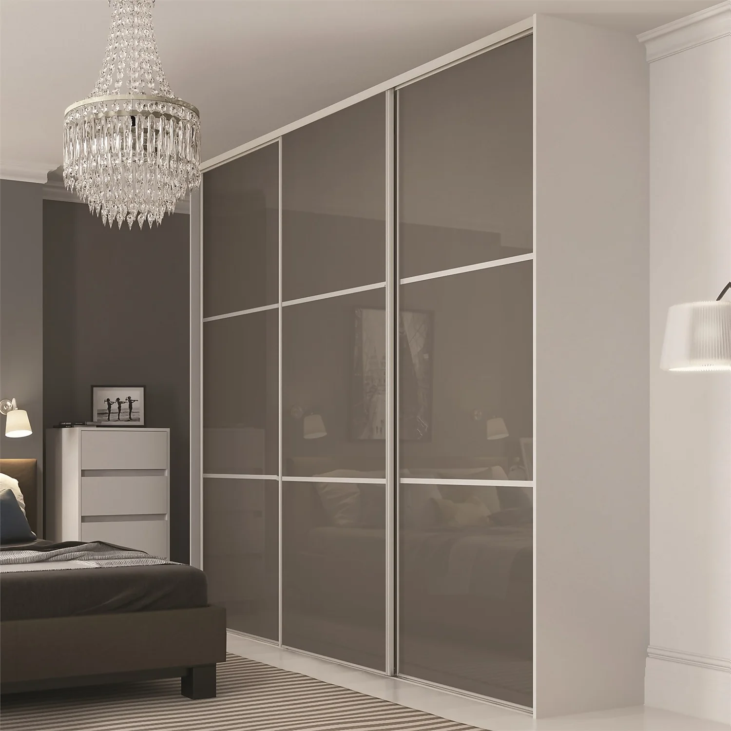 Linear Sliding Wardrobe Door 3 Panel Cappuccino Glass With Silver Frame (W)610mm 2 Linear Sliding Wardrobe Door 3 Panel Cappuccino Glass With Silver Frame (W)610mm - Image 2