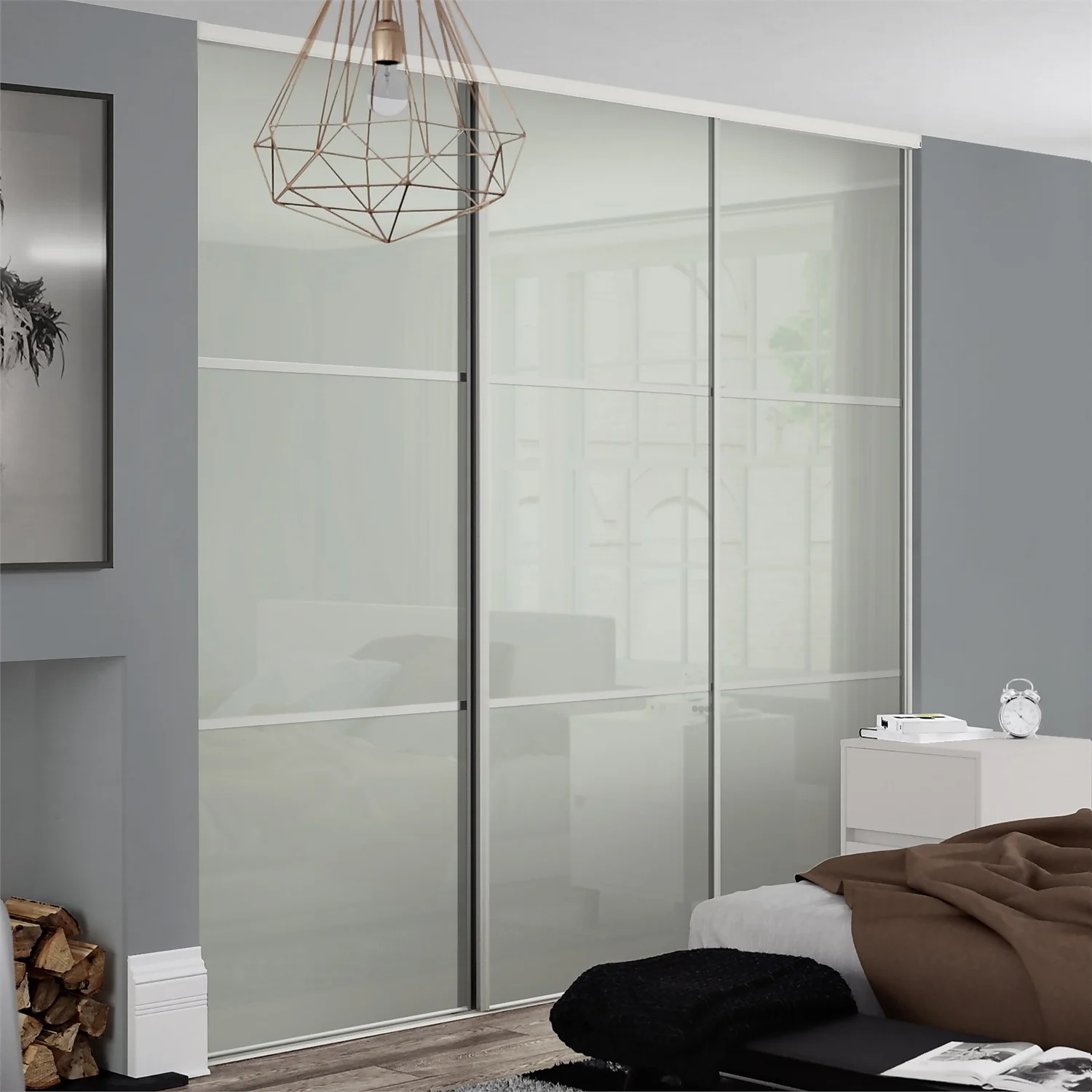 Linear Sliding Wardrobe Door 3 Panel Arctic White Glass With White Frame (W)610mm 2 Linear Sliding Wardrobe Door 3 Panel Arctic White Glass With White Frame (W)610mm - Image 2