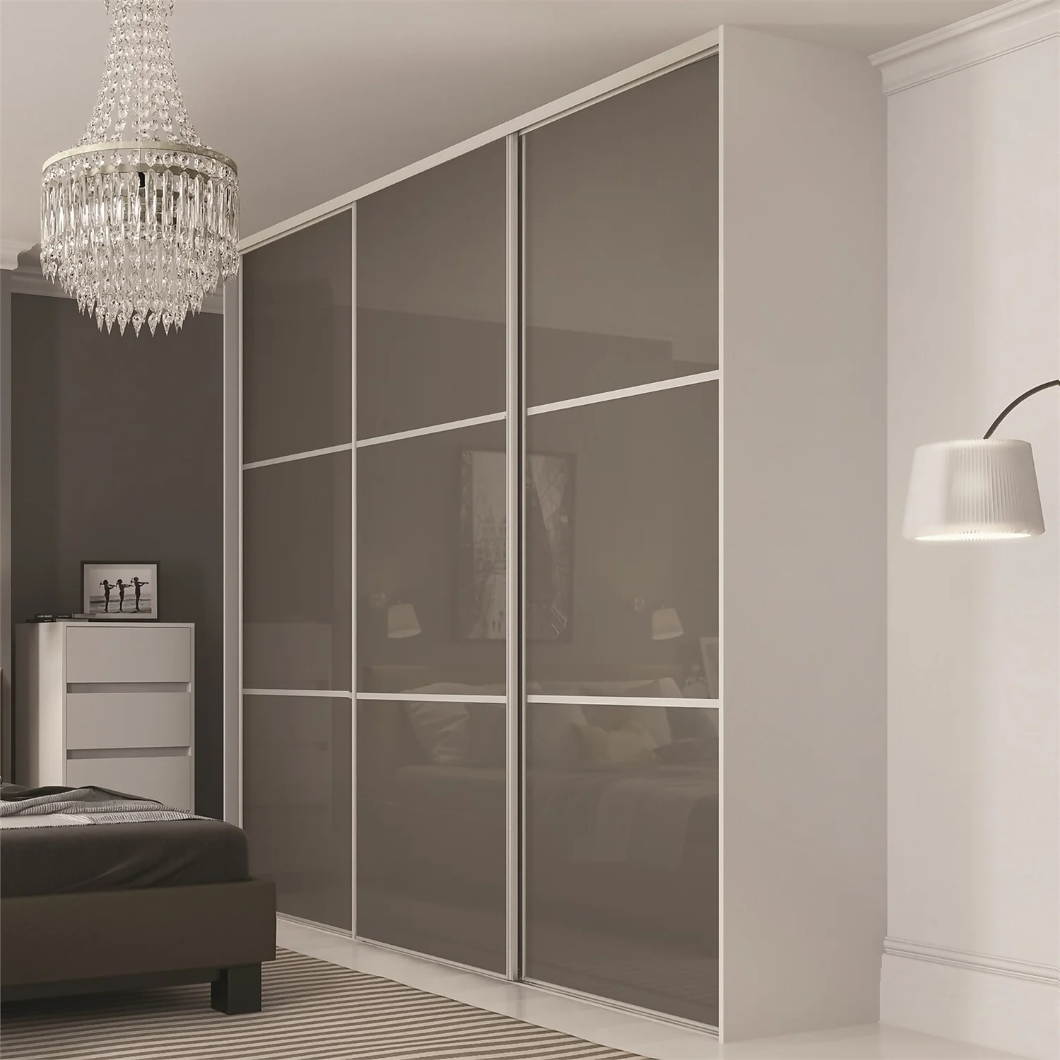 Linear Sliding Wardrobe Door 3 Panel Cappuccino Glass With Silver Frame (W)762mm 2 Linear Sliding Wardrobe Door 3 Panel Cappuccino Glass With Silver Frame (W)762mm - Image 2