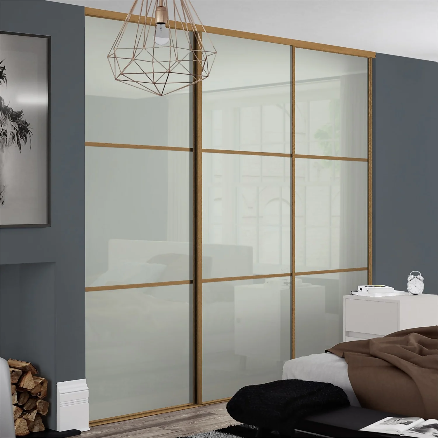 Linear Sliding Wardrobe Door 3 Panel Arctic White Glass With Oak Frame (W)762mm 2 Linear Sliding Wardrobe Door 3 Panel Arctic White Glass With Oak Frame (W)762mm - Image 2