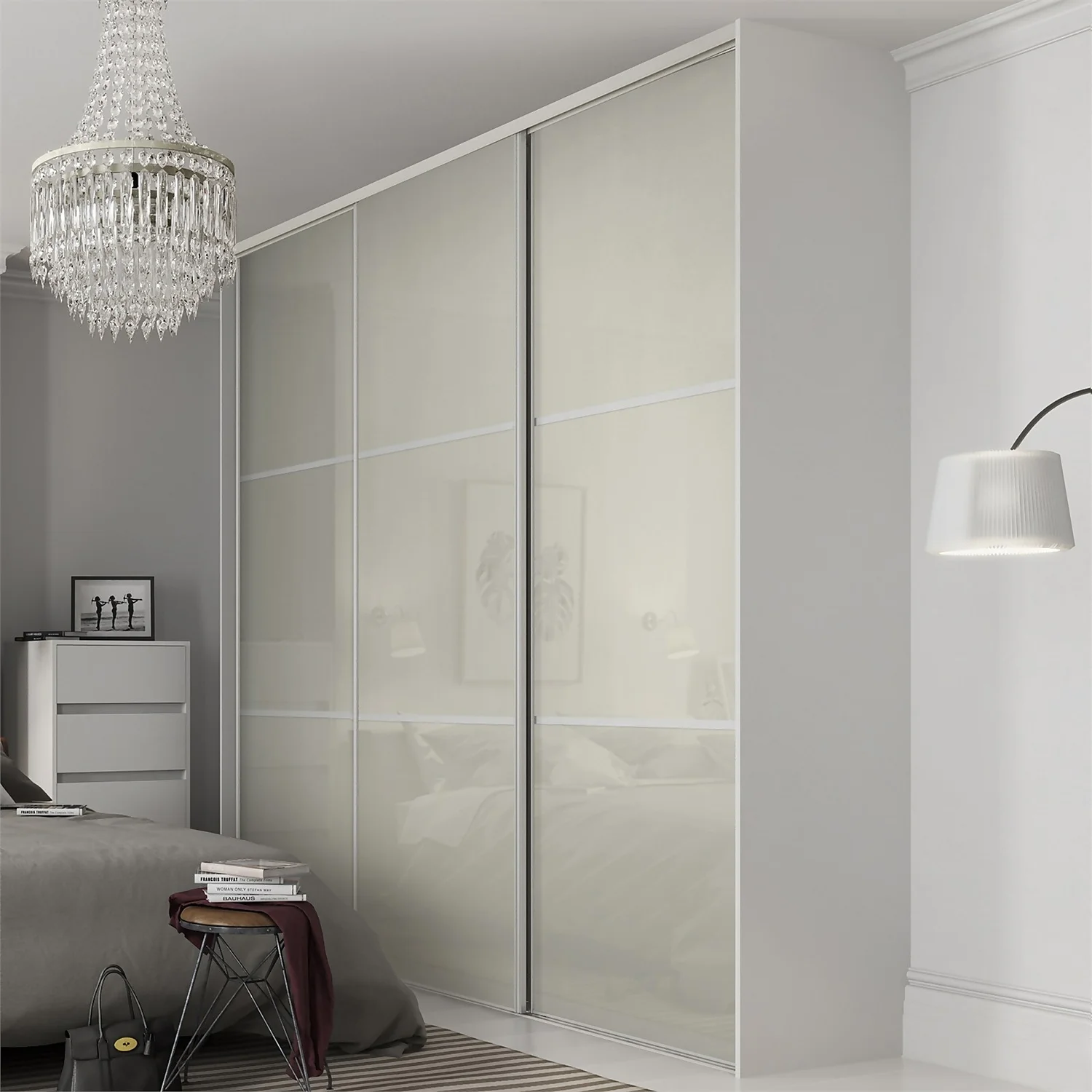 Linear Sliding Wardrobe Door 3 Panel Arctic White Glass With Silver Frame (W)914mm 2 Linear Sliding Wardrobe Door 3 Panel Arctic White Glass With Silver Frame (W)914mm - Image 2