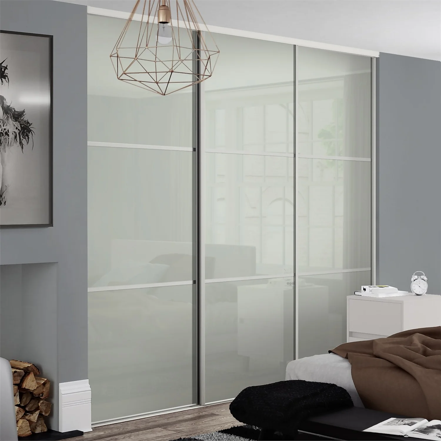 Linear Sliding Wardrobe Door 3 Panel Arctic White Glass With White Frame (W)914mm 2 Linear Sliding Wardrobe Door 3 Panel Arctic White Glass With White Frame (W)914mm - Image 2