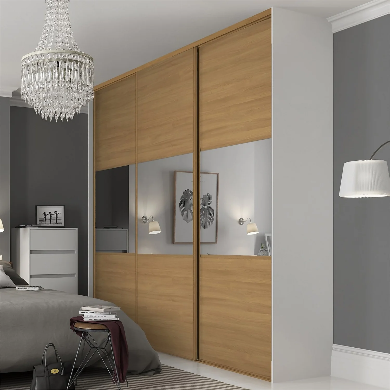 Linear Sliding Wardrobe Door 3 Panel Oak / Mirror With Oak Frame (W)914mm 2 Linear Sliding Wardrobe Door 3 Panel Oak / Mirror With Oak Frame (W)914mm - Image 2