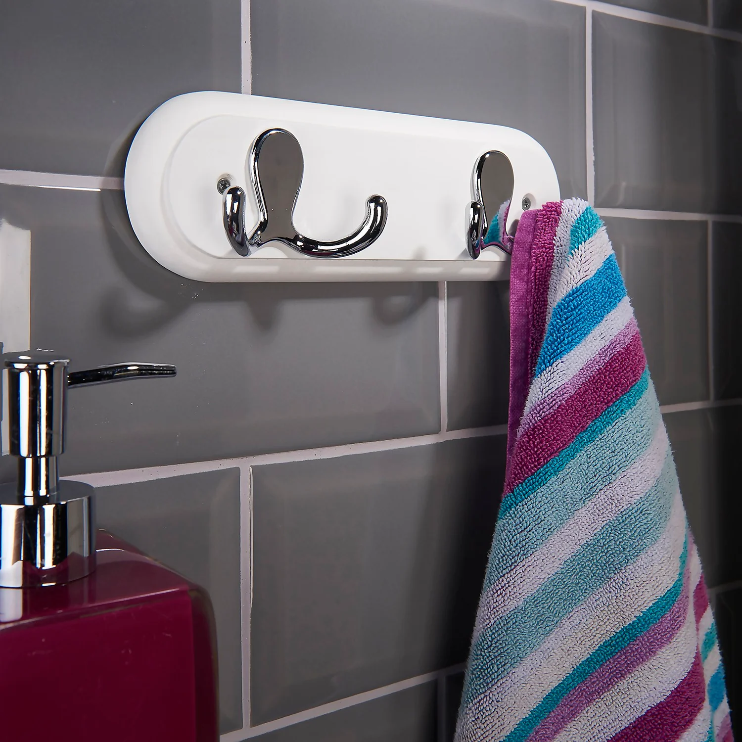 None White Hook Rail - Polished Chrome - 2 Hooks 2 None White Hook Rail - Polished Chrome - 2 Hooks - Image 2