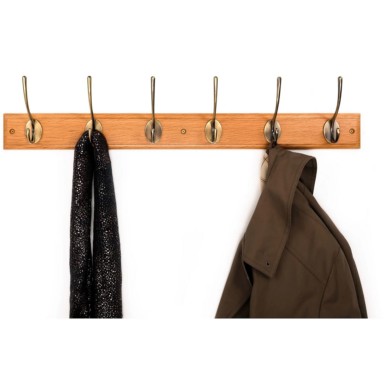 6 Victorian Antiqued Brass Hooks On Oak Stepped Board 2 6 Victorian Antiqued Brass Hooks On Oak Stepped Board - Image 2