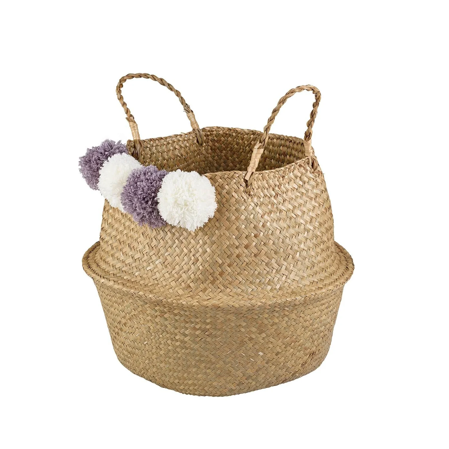 Seagrass Foldable Basket With Pom Poms 2 Seagrass Foldable Basket With Pom Poms - Image 2