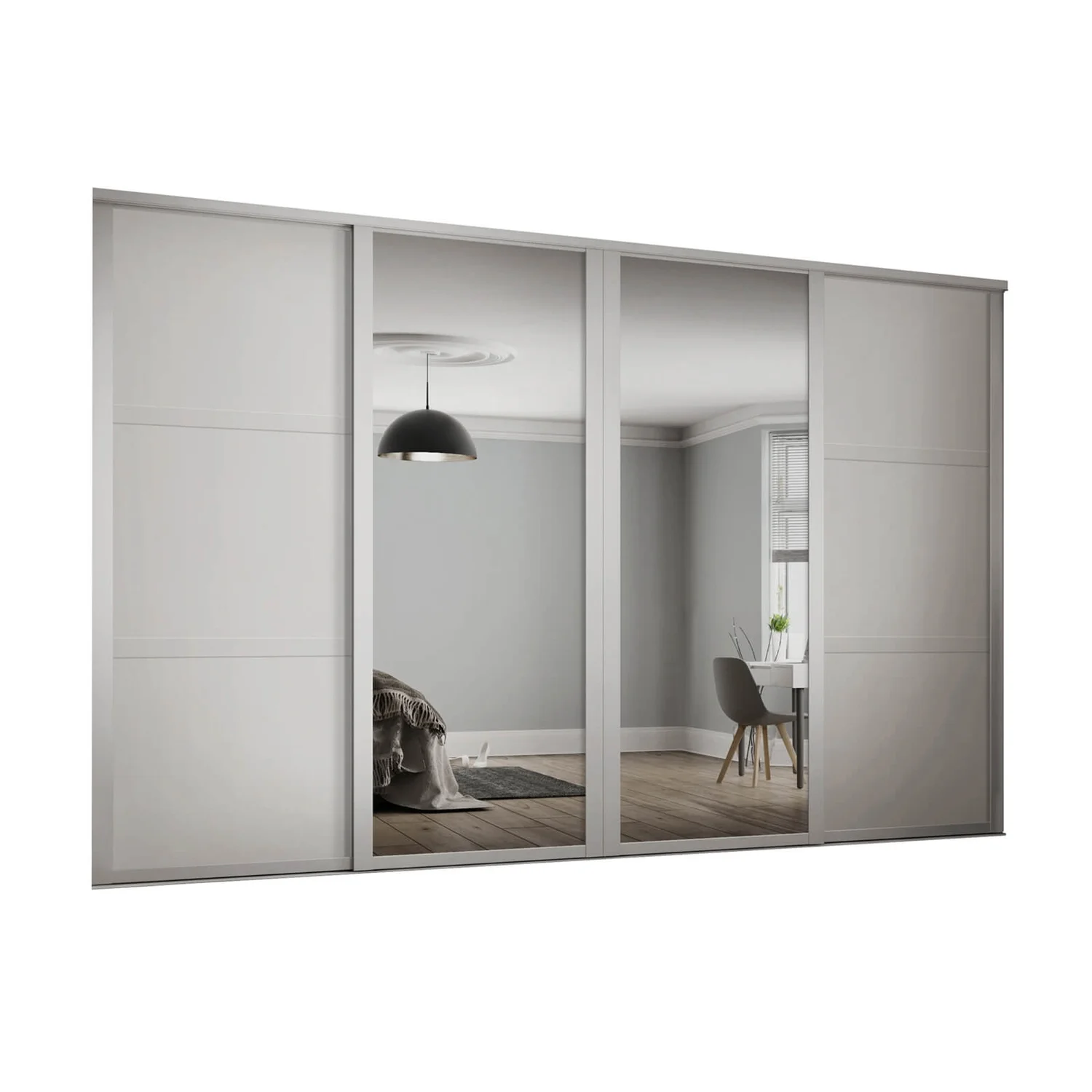 Shaker 4 Door Sliding Wardrobe Kit White Panel / Mirror With White Frame (W)2898 X (H)2260mm 1 Shaker 4 Door Sliding Wardrobe Kit White Panel / Mirror With White Frame (W)2898 X (H)2260mm