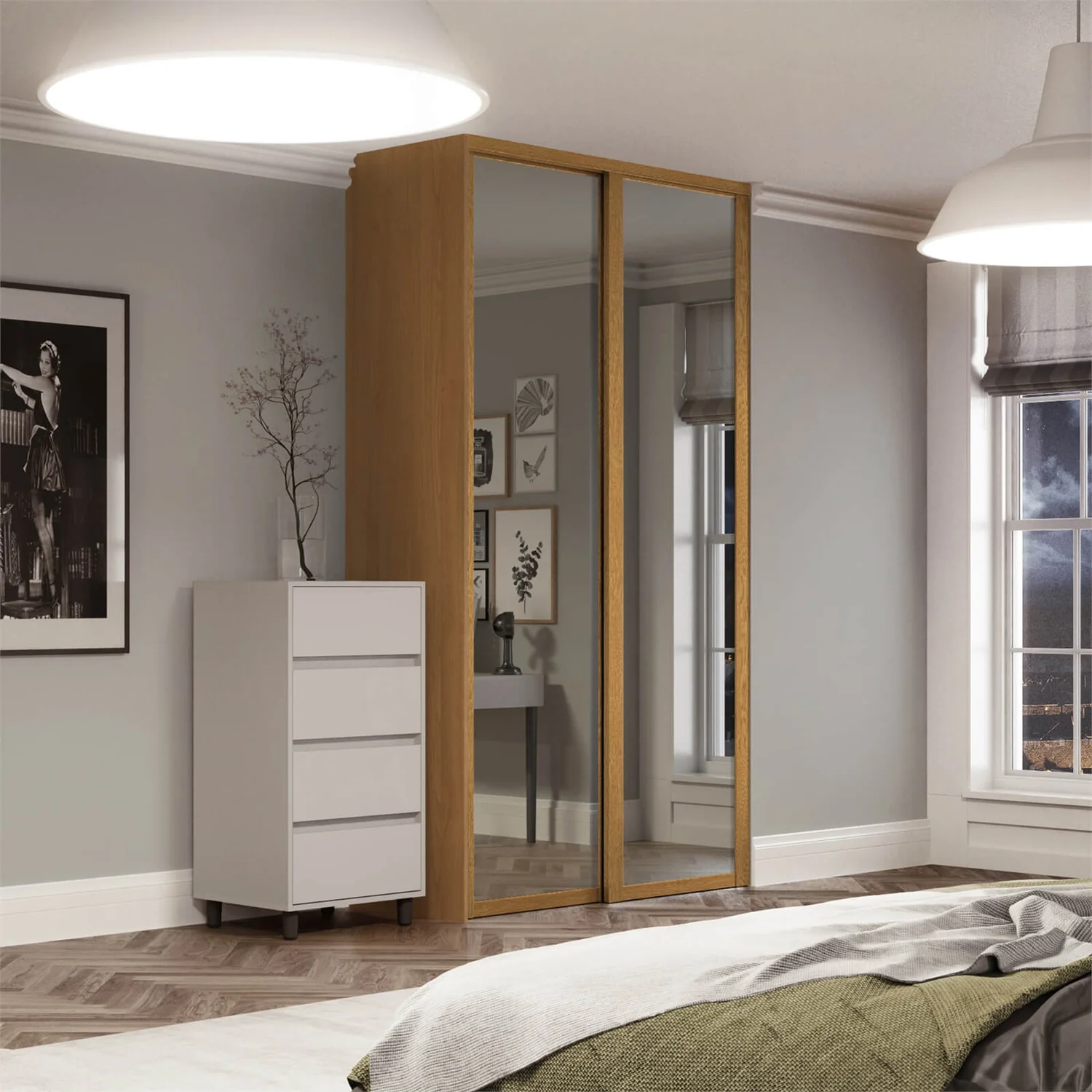 Shaker 2 Door Sliding Wardrobe Kit Mirror With Oak Frame (W)1145 X (H)2260mm 2 Shaker 2 Door Sliding Wardrobe Kit Mirror With Oak Frame (W)1145 X (H)2260mm - Image 2