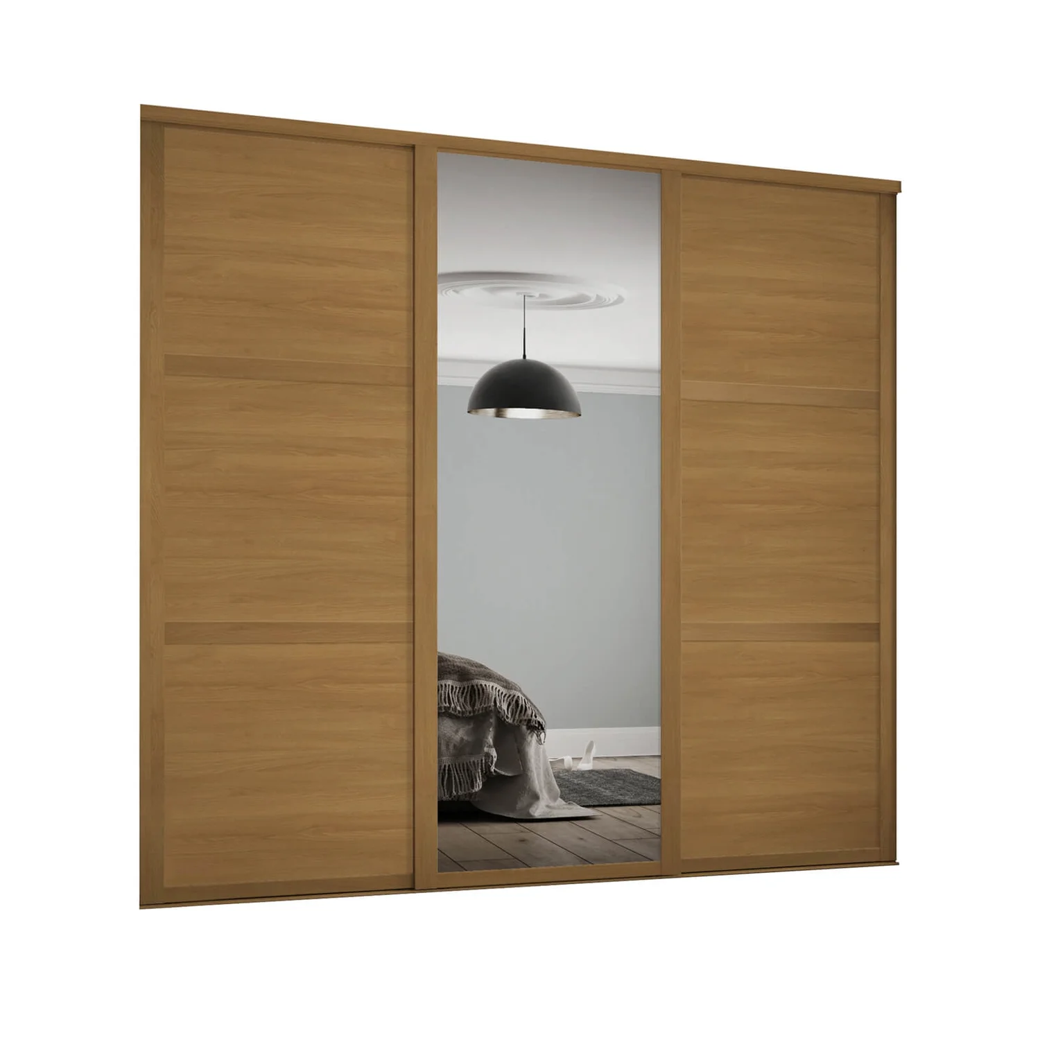 Shaker 3 Door Sliding Wardrobe Kit Oak Panel / Mirror With Oak Frame (W)2136 X (H)2260mm 1 Shaker 3 Door Sliding Wardrobe Kit Oak Panel / Mirror With Oak Frame (W)2136 X (H)2260mm