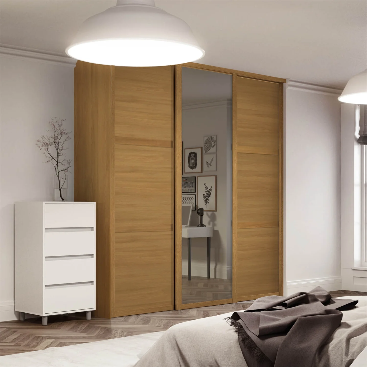 Shaker 3 Door Sliding Wardrobe Kit Oak Panel / Mirror With Oak Frame (W)2136 X (H)2260mm 2 Shaker 3 Door Sliding Wardrobe Kit Oak Panel / Mirror With Oak Frame (W)2136 X (H)2260mm - Image 2