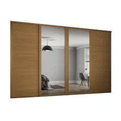 Shaker 4 Door Sliding Wardrobe Kit Oak Panel / Mirror With Oak Frame (W)3506 X (H)2260mm