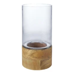 House Beautiful Glass Hurricane Vase With Mango Wood Base
