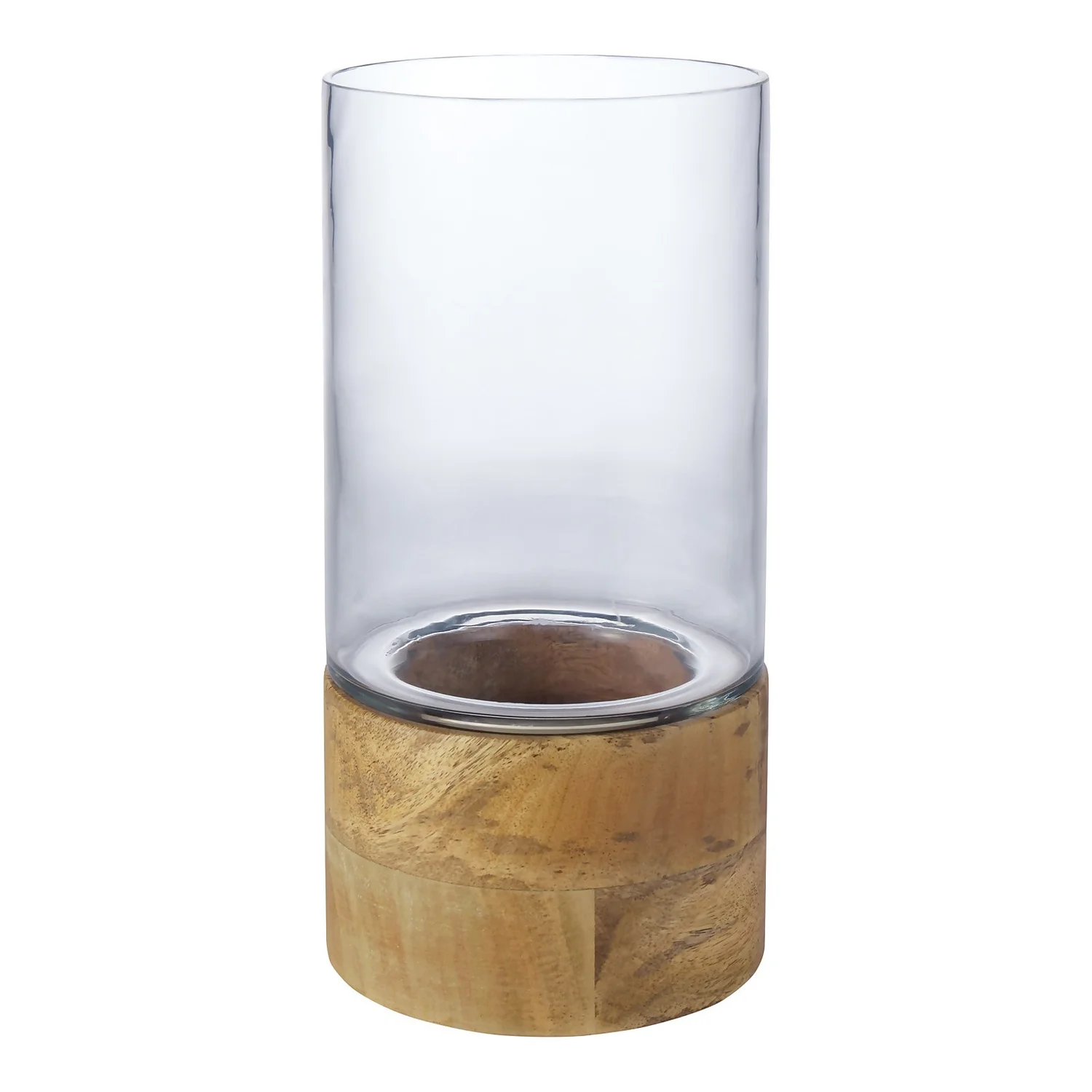 House Beautiful Glass Hurricane Vase With Mango Wood Base 1 House Beautiful Glass Hurricane Vase With Mango Wood Base