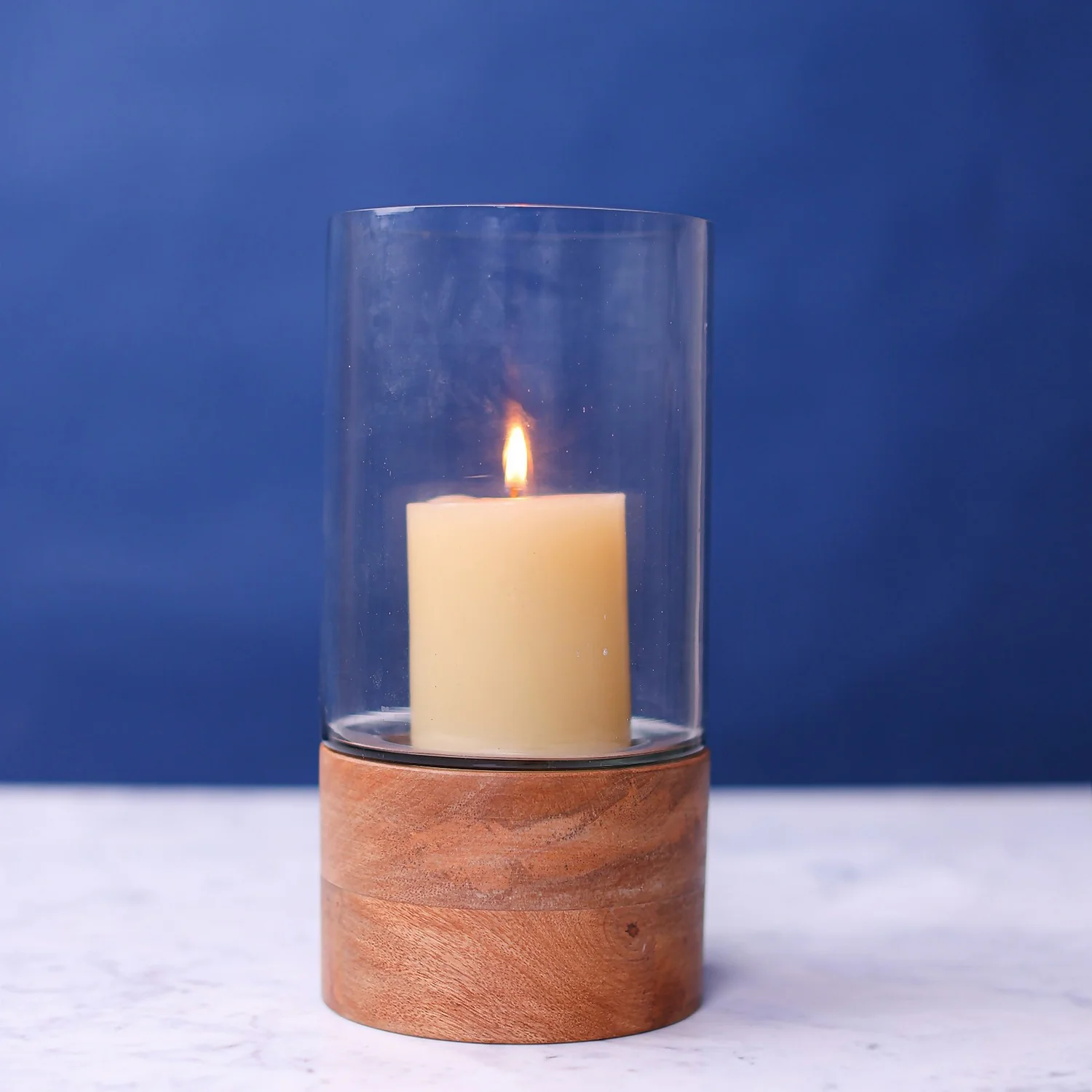 House Beautiful Glass Hurricane Vase With Mango Wood Base 2 House Beautiful Glass Hurricane Vase With Mango Wood Base - Image 2