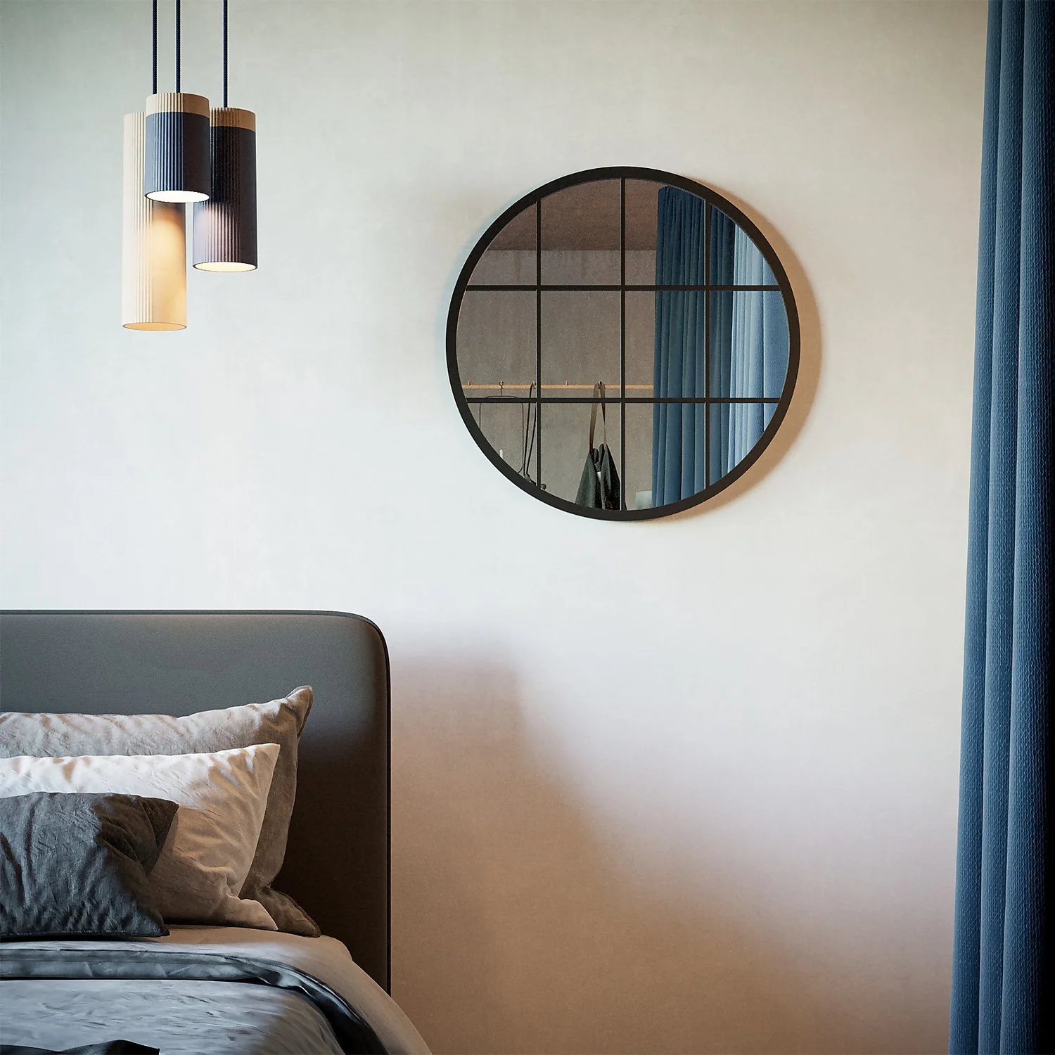 Black Metal Round Window Pane Mirror - 65cm 2 Black Metal Round Window Pane Mirror - 65cm - Image 2