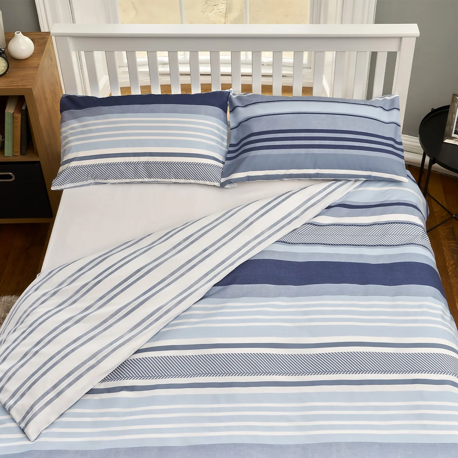 The Willow Manor Easy Care Percale Single Duvet Set Metro Stripe - Denim 1 The Willow Manor Easy Care Percale Single Duvet Set Metro Stripe - Denim