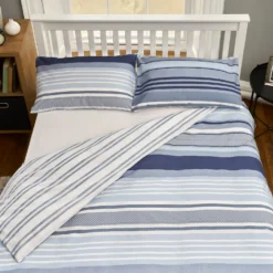 The Willow Manor Easy Care Percale Double Duvet Set Metro Stripe - Denim