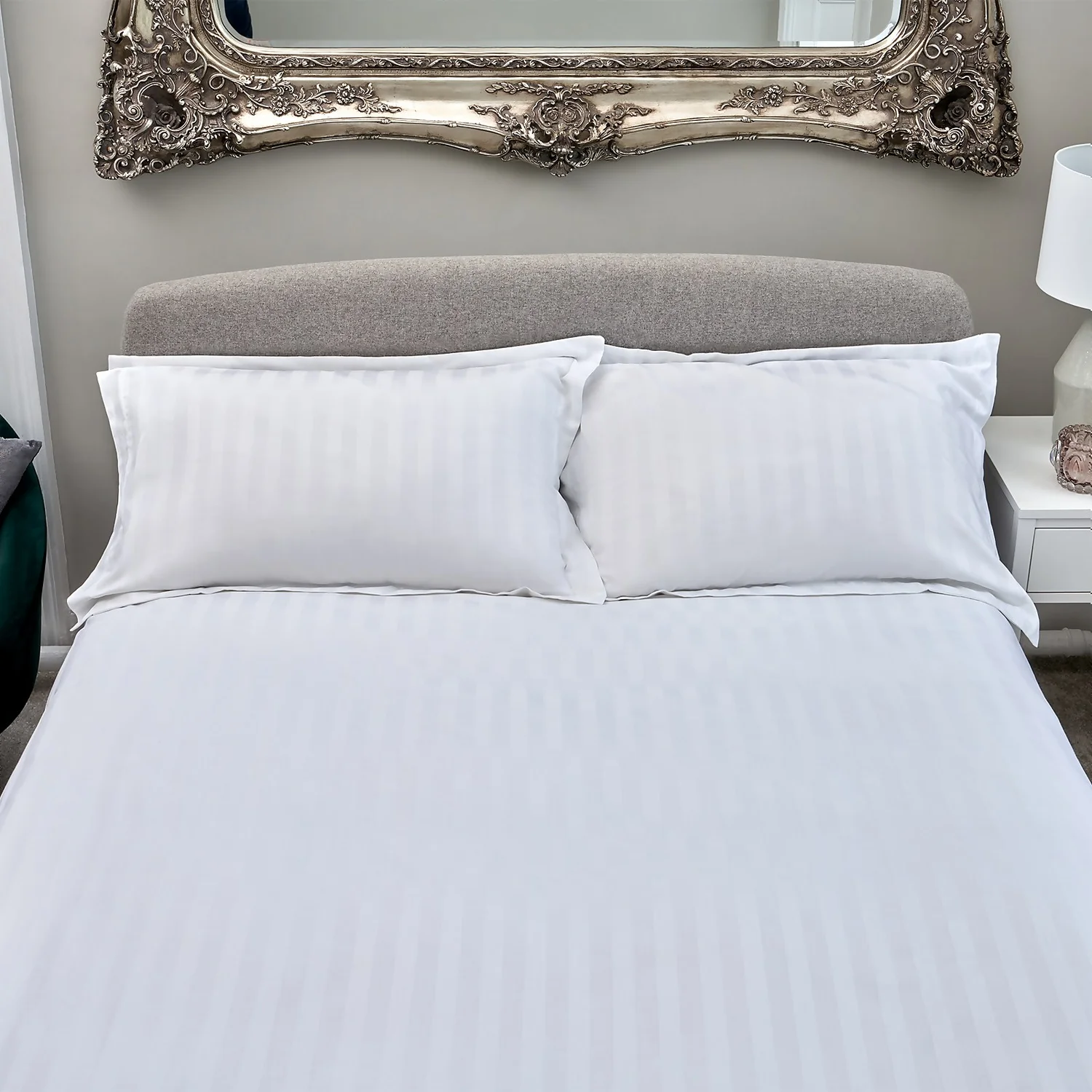 The Willow Manor Egyptian Cotton Sateen 300 Thread Count King Duvet Set Woven Stripe - Glacier White 2 The Willow Manor Egyptian Cotton Sateen 300 Thread Count King Duvet Set Woven Stripe - Glacier White - Image 2