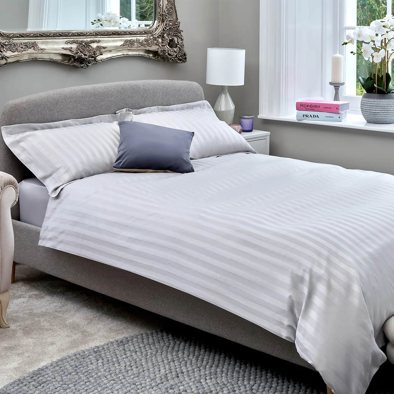 The Willow Manor Egyptian Cotton Sateen 300 Thread Count Single Duvet Set Woven Stripe - Pearl Grey 1 The Willow Manor Egyptian Cotton Sateen 300 Thread Count Single Duvet Set Woven Stripe - Pearl Grey