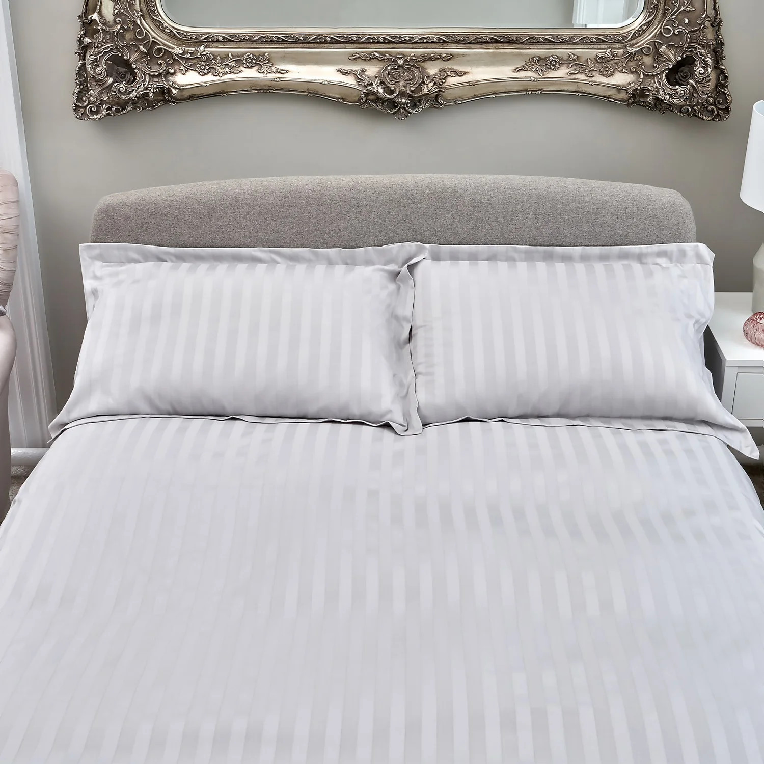 The Willow Manor Egyptian Cotton Sateen 300 Thread Count Single Duvet Set Woven Stripe - Pearl Grey 2 The Willow Manor Egyptian Cotton Sateen 300 Thread Count Single Duvet Set Woven Stripe - Pearl Grey - Image 2