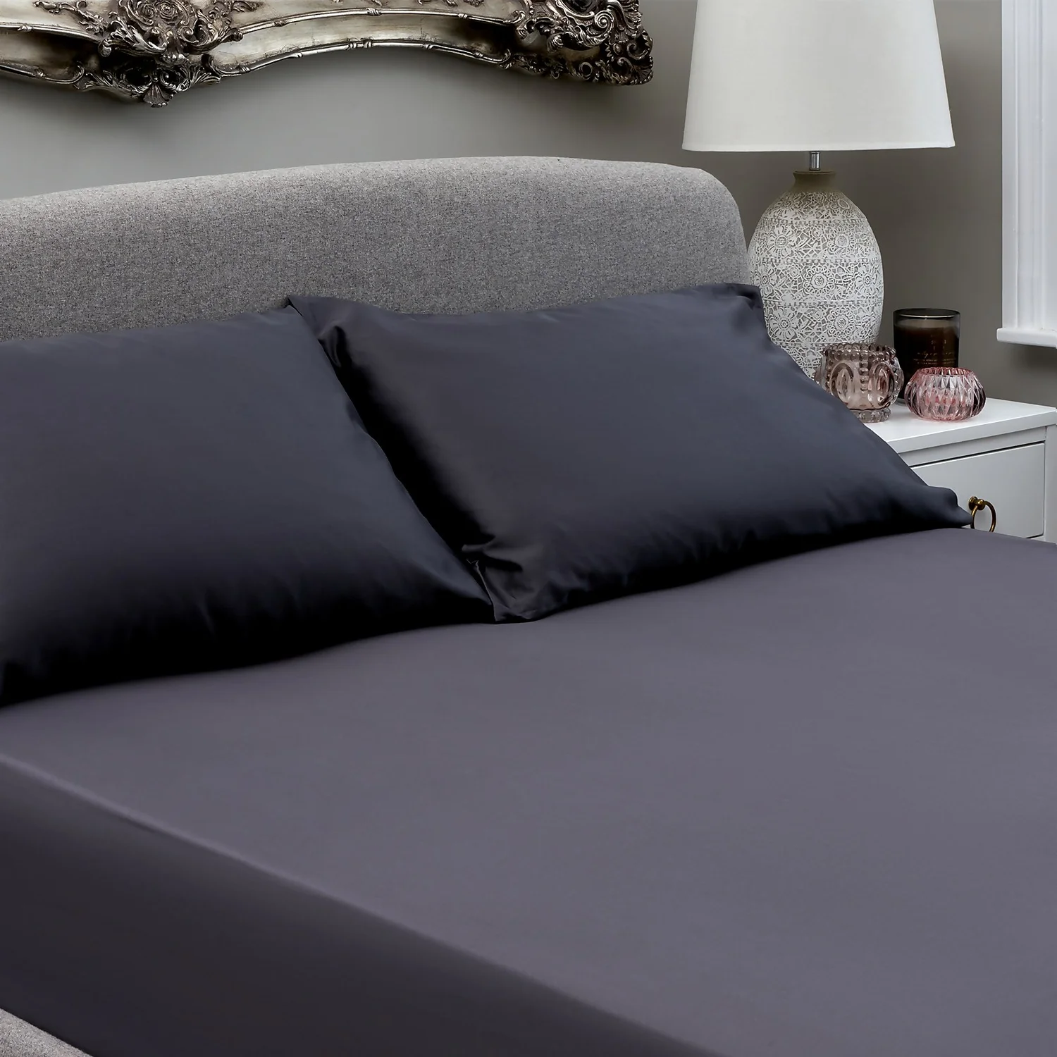 The Willow Manor Egyptian Cotton Sateen 300 Thread Count King Fitted Sheet - Steel 1 The Willow Manor Egyptian Cotton Sateen 300 Thread Count King Fitted Sheet - Steel