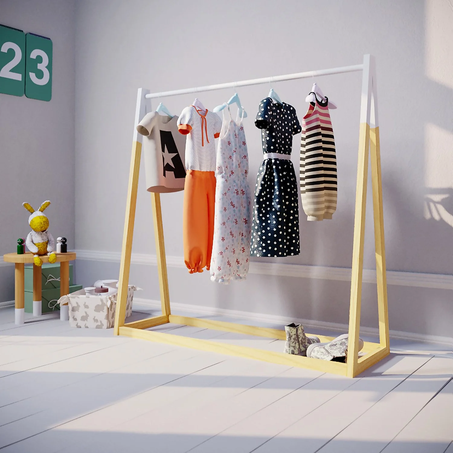 Kids A-Frame Clothes Rail - Natural & White 2 Kids A-Frame Clothes Rail - Natural & White - Image 2