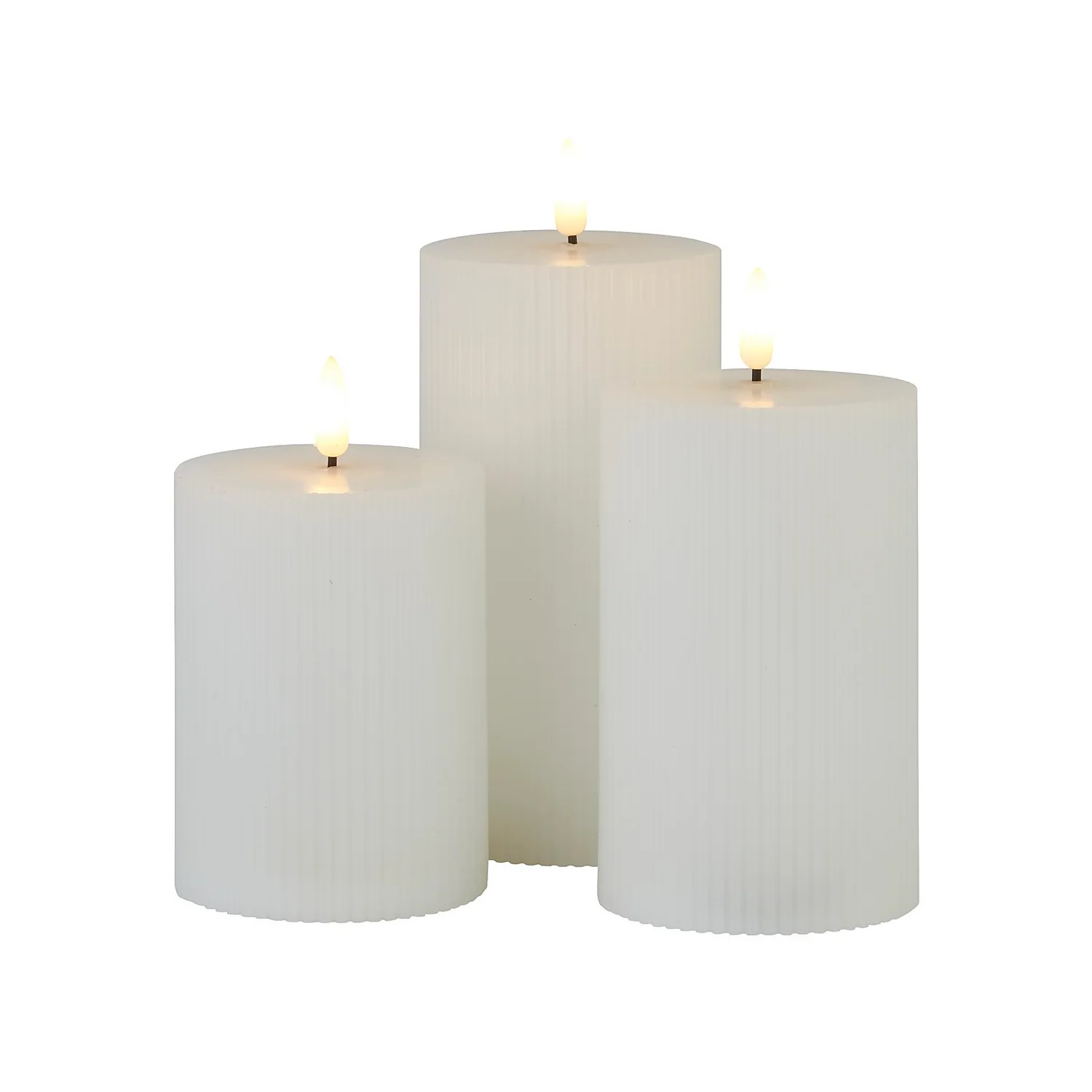 Pack Of 3 LED Pillar Ribbed Candles - White 1 Pack Of 3 LED Pillar Ribbed Candles - White