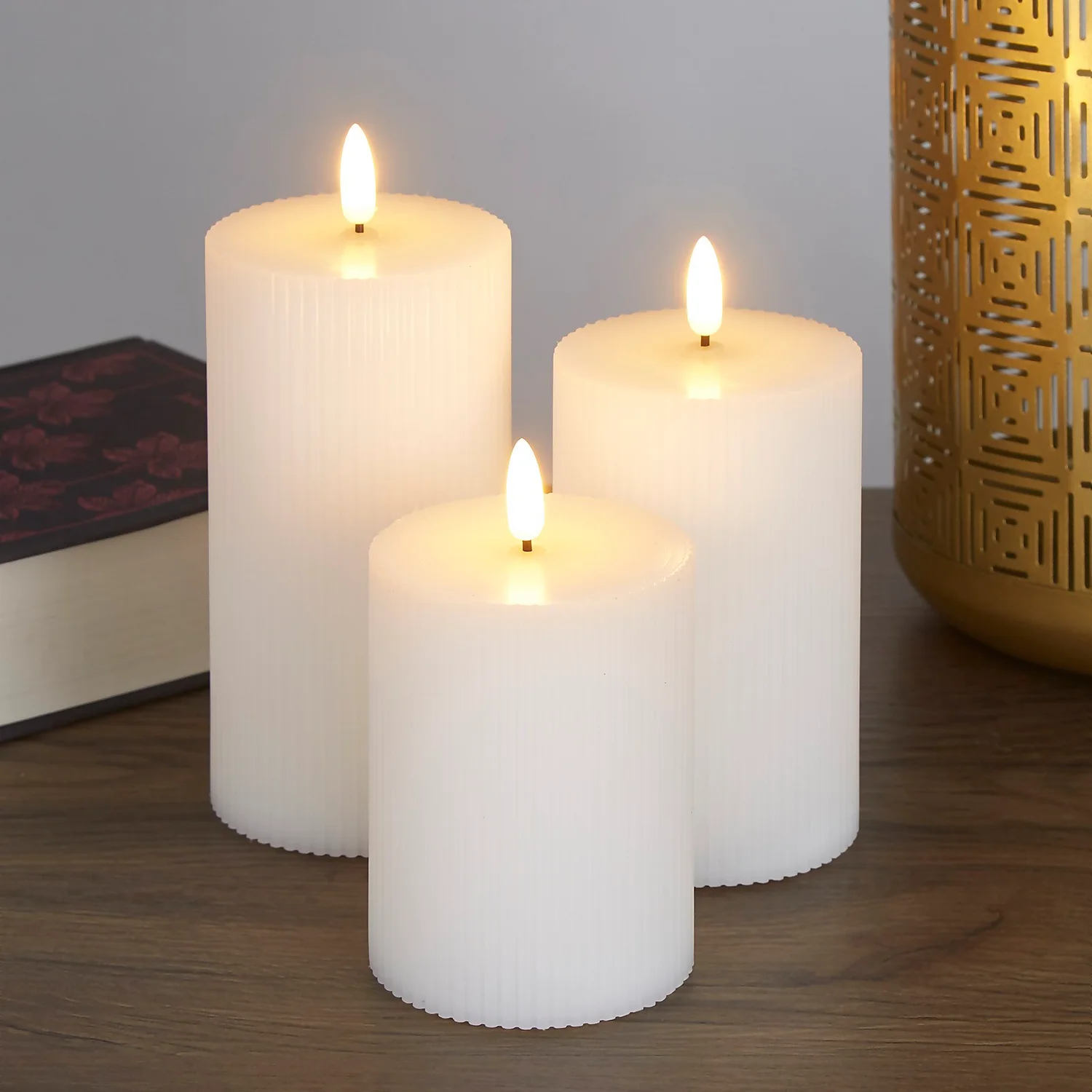 Pack Of 3 LED Pillar Ribbed Candles - White 2 Pack Of 3 LED Pillar Ribbed Candles - White - Image 2