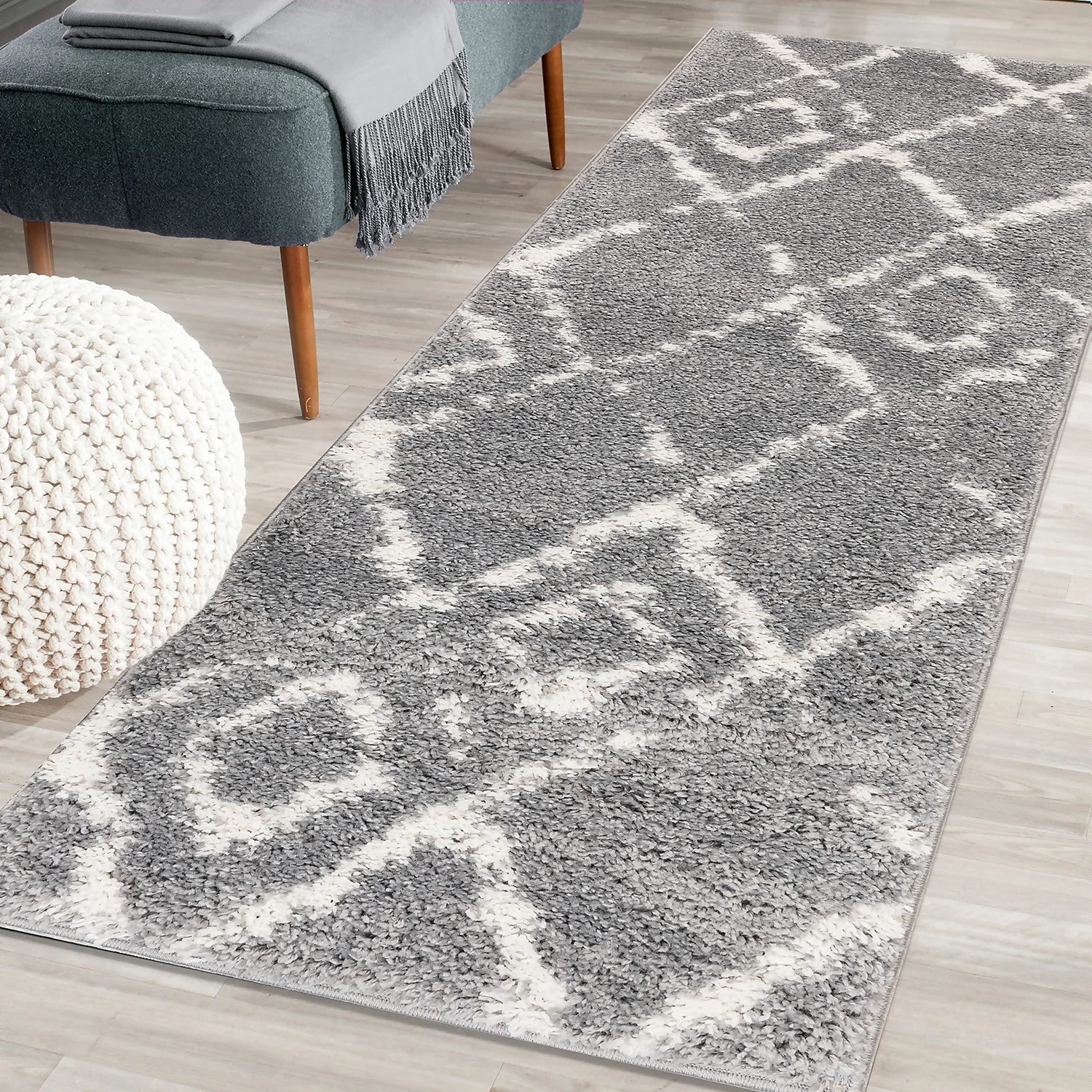 Deluxe Berber Shaggy Runner - Grey & White - 180x67cm 2 Deluxe Berber Shaggy Runner - Grey & White - 180x67cm - Image 2