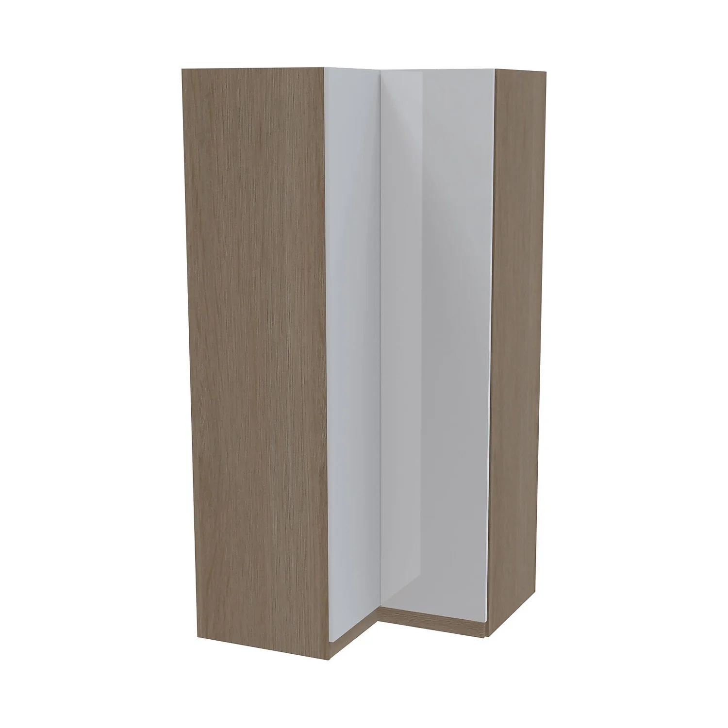 House Beautiful Honest Corner Wardrobe, Oak Effect Carcass - Gloss White Slab Doors (W) 1053mm X (H) 2196mm 1 House Beautiful Honest Corner Wardrobe, Oak Effect Carcass - Gloss White Slab Doors (W) 1053mm X (H) 2196mm