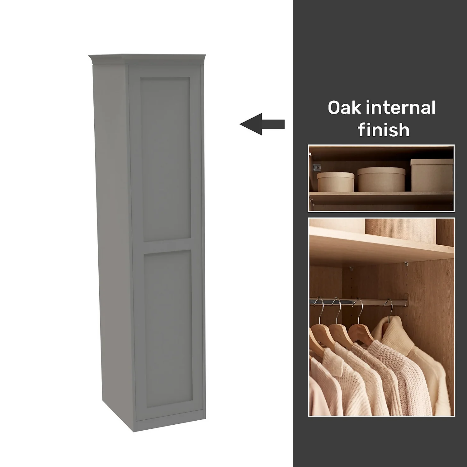 House Beautiful Realm Fitted Look Single Wardrobe, Oak Effect Carcass - Grey Shaker Door (W) 551mm X (H) 2256mm 1 House Beautiful Realm Fitted Look Single Wardrobe, Oak Effect Carcass - Grey Shaker Door (W) 551mm X (H) 2256mm