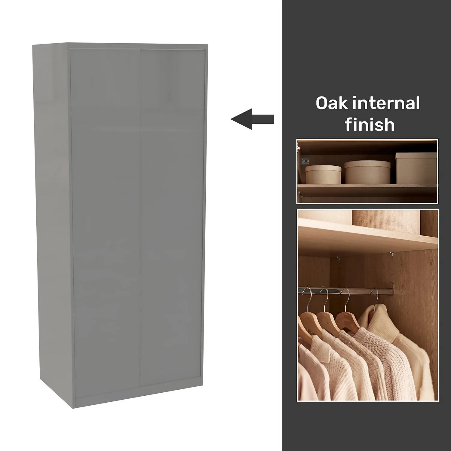 House Beautiful Honest Fitted Look Double Wardrobe, Oak Effect Carcass - Gloss Grey Slab Doors (W) 940mm X (H) 2226mm 1 House Beautiful Honest Fitted Look Double Wardrobe, Oak Effect Carcass - Gloss Grey Slab Doors (W) 940mm X (H) 2226mm