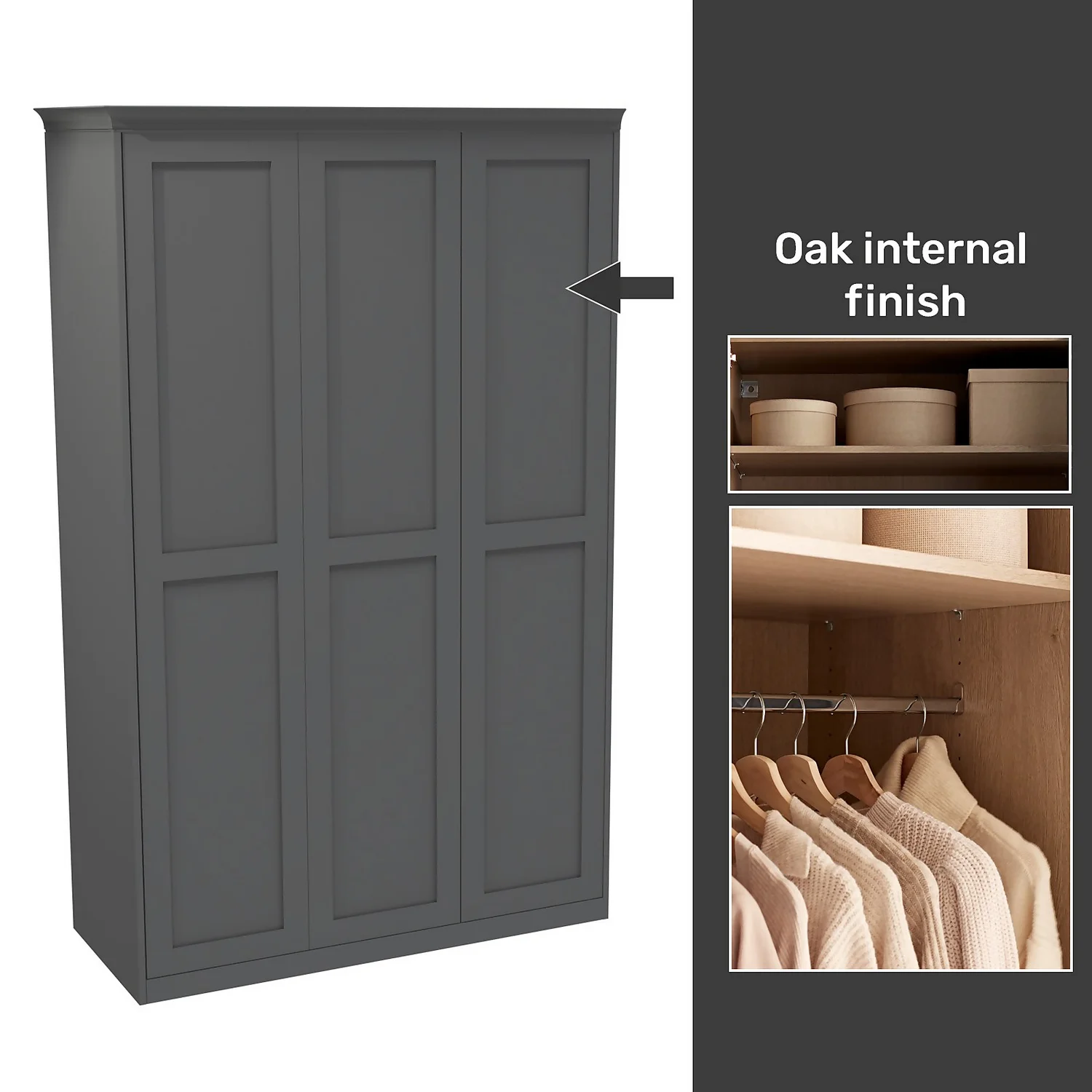 House Beautiful Realm Fitted Look Triple Wardrobe, Oak Effect Carcass - Carbon Grey Shaker Doors (W) 1451mm X (H) 2256mm 1 House Beautiful Realm Fitted Look Triple Wardrobe, Oak Effect Carcass - Carbon Grey Shaker Doors (W) 1451mm X (H) 2256mm