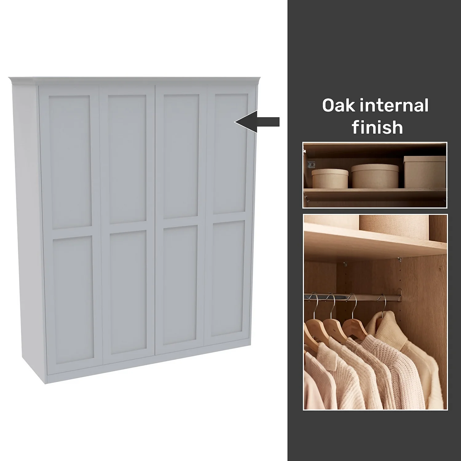 House Beautiful Realm Fitted Look Quad Wardrobe, Oak Effect Carcass - White Shaker Doors (W) 1901mm X (H) 2256mm 1 House Beautiful Realm Fitted Look Quad Wardrobe, Oak Effect Carcass - White Shaker Doors (W) 1901mm X (H) 2256mm