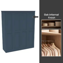 House Beautiful Realm Fitted Look Quad Wardrobe, Oak Effect Carcass - Navy Blue Shaker Doors (W) 1901mm X (H) 2256mm