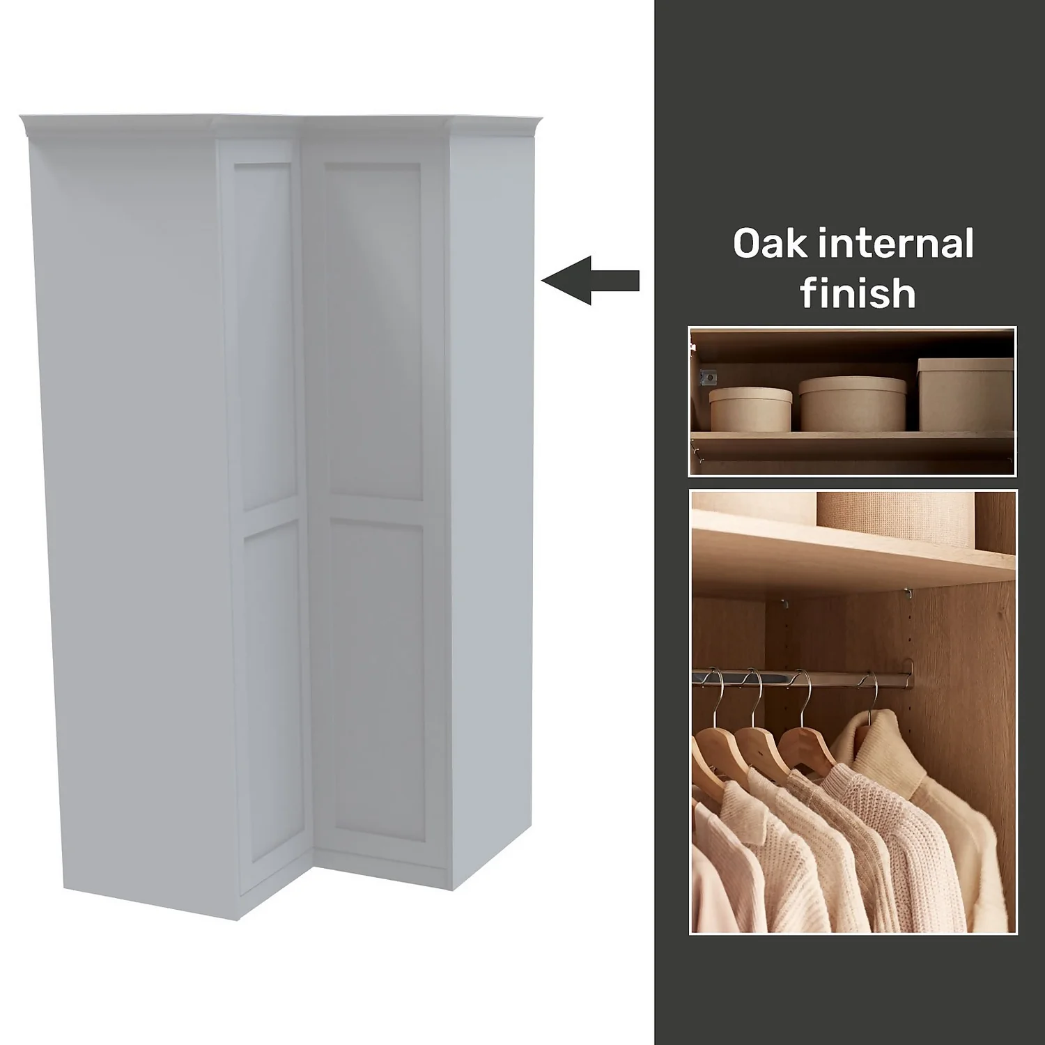 House Beautiful Realm Fitted Look Corner Wardrobe, Oak Effect Carcass - White Shaker Doors (W) 1103mm X (H) 2256mm 1 House Beautiful Realm Fitted Look Corner Wardrobe, Oak Effect Carcass - White Shaker Doors (W) 1103mm X (H) 2256mm