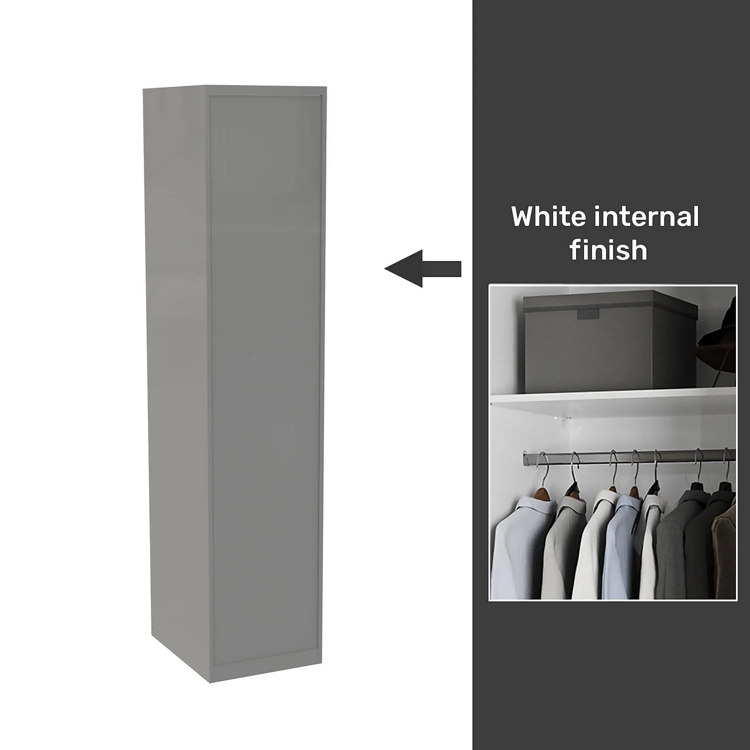 House Beautiful Honest Fitted Look Single Wardrobe, White Carcass - Gloss Grey Slab Door (W) 490mm X (H) 2226mm 1 House Beautiful Honest Fitted Look Single Wardrobe, White Carcass - Gloss Grey Slab Door (W) 490mm X (H) 2226mm