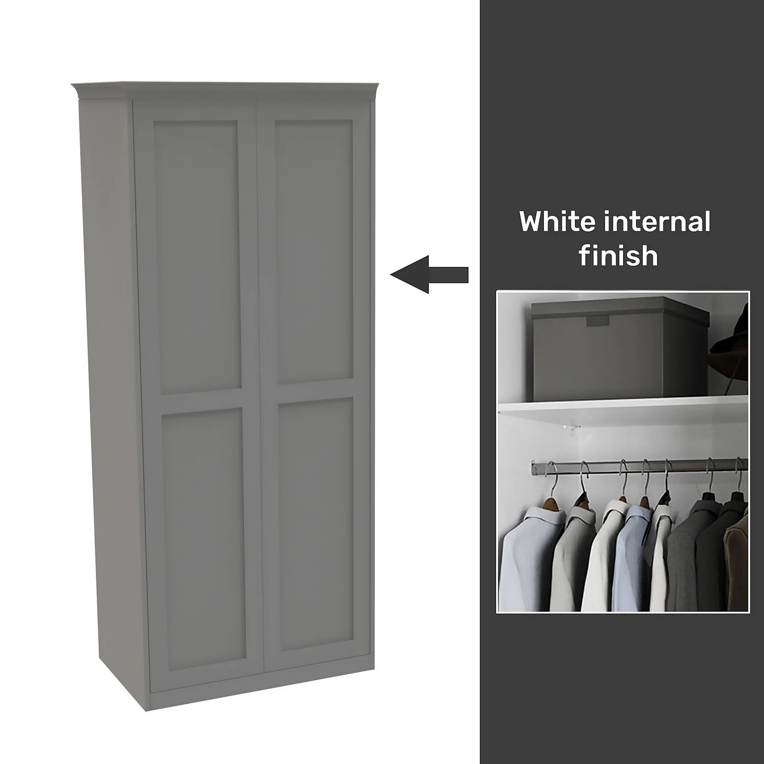 House Beautiful Realm Fitted Look Double Wardrobe, White Carcass - Grey Shaker Doors (W) 1001mm X (H) 2256mm 1 House Beautiful Realm Fitted Look Double Wardrobe, White Carcass - Grey Shaker Doors (W) 1001mm X (H) 2256mm