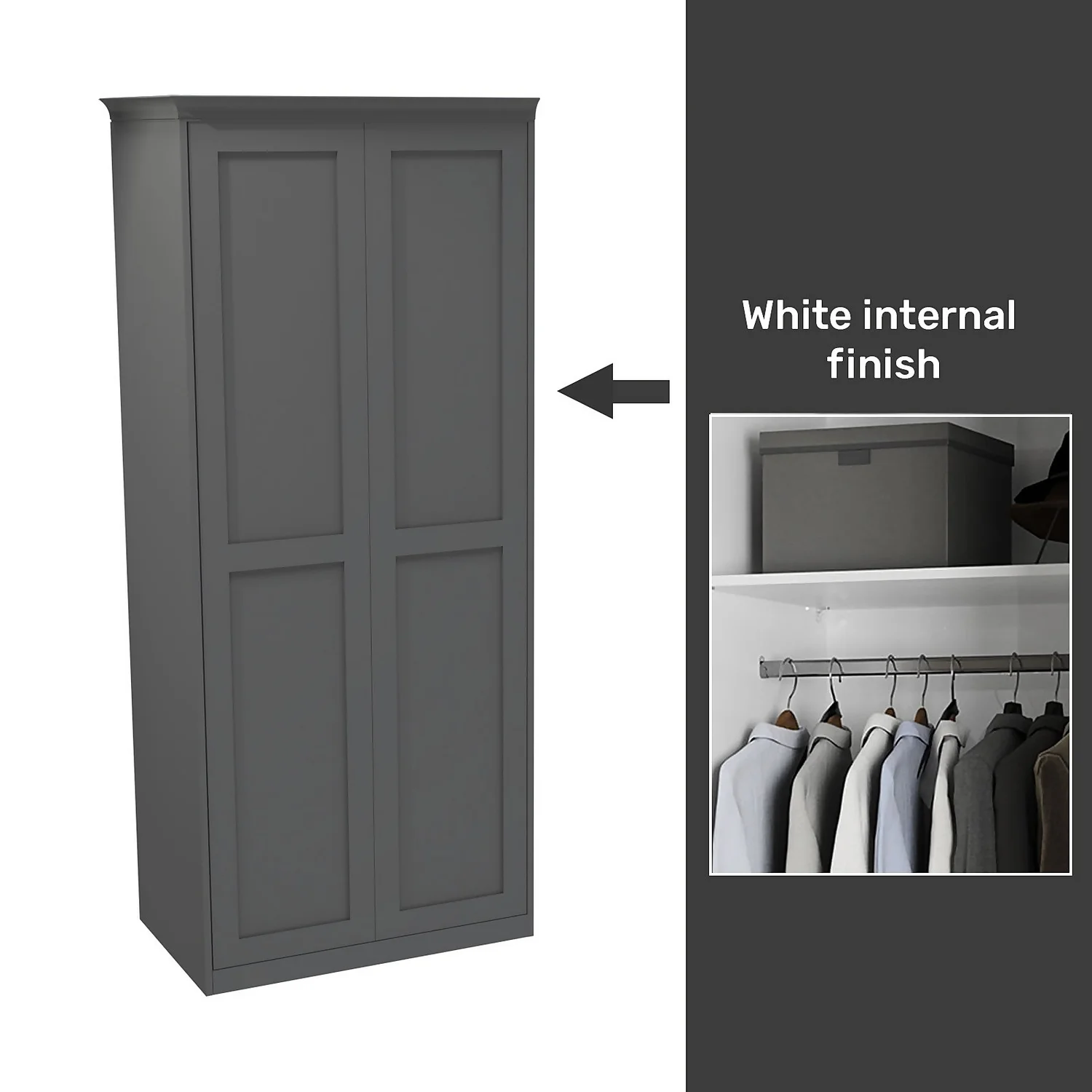 House Beautiful Realm Fitted Look Double Wardrobe, White Carcass - Carbon Grey Shaker Doors (W) 1001mm X (H) 2256mm 1 House Beautiful Realm Fitted Look Double Wardrobe, White Carcass - Carbon Grey Shaker Doors (W) 1001mm X (H) 2256mm
