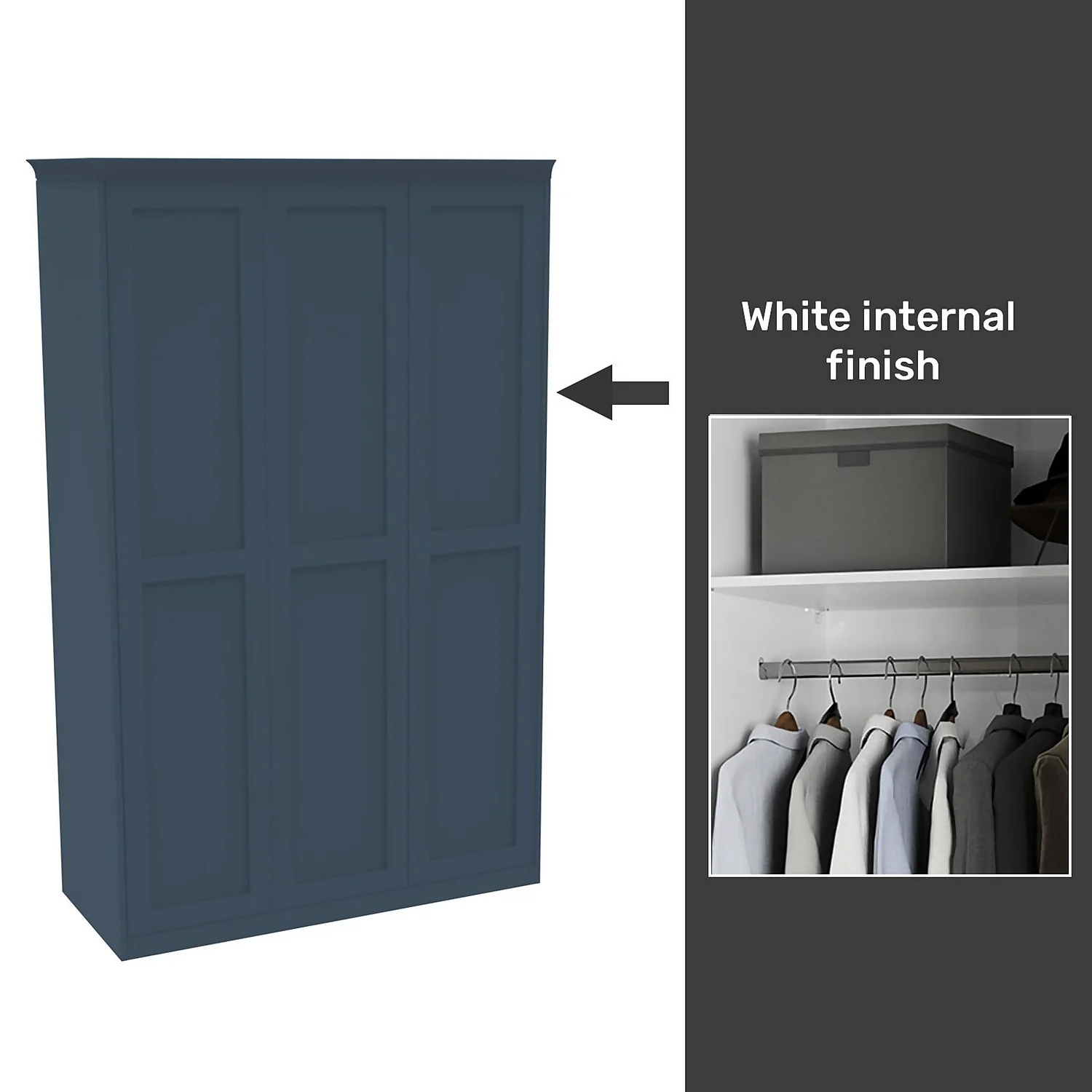 House Beautiful Realm Fitted Look Triple Wardrobe, White Carcass - Navy Blue Shaker Doors (W) 1451mm X (H) 2256mm 1 House Beautiful Realm Fitted Look Triple Wardrobe, White Carcass - Navy Blue Shaker Doors (W) 1451mm X (H) 2256mm