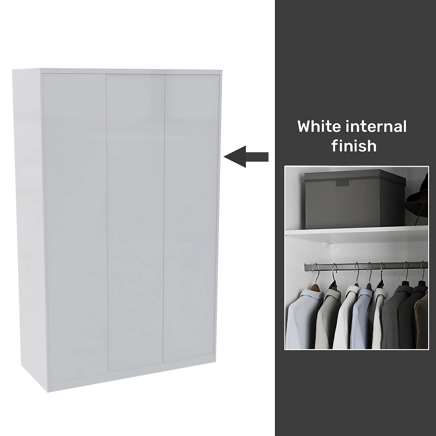 House Beautiful Honest Fitted Look Triple Wardrobe, White Carcass - Gloss White Slab Doors (W) 1390mm X (H) 2226mm 1 House Beautiful Honest Fitted Look Triple Wardrobe, White Carcass - Gloss White Slab Doors (W) 1390mm X (H) 2226mm