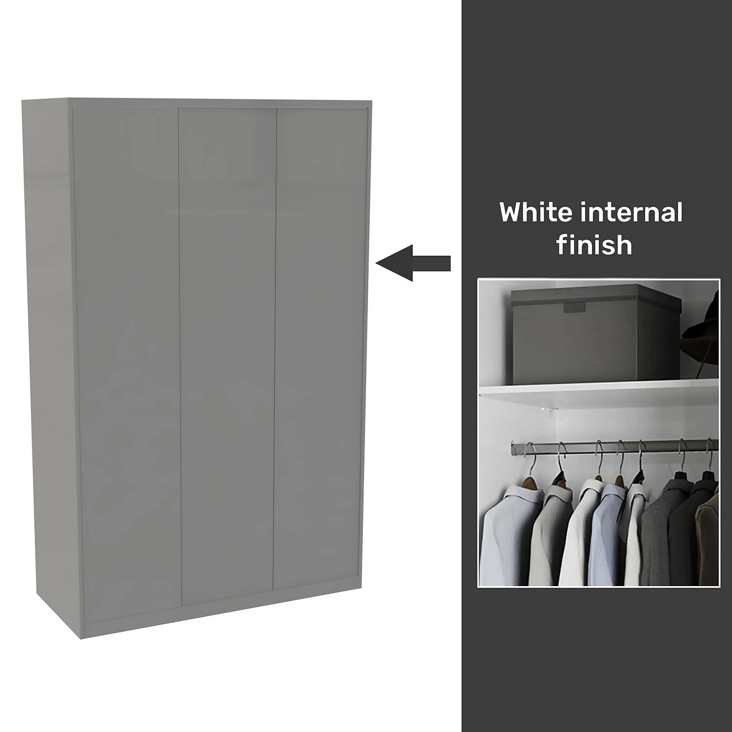 House Beautiful Honest Fitted Look Triple Wardrobe, White Carcass - Gloss Grey Slab Doors (W) 1390mm X (H) 2226mm 1 House Beautiful Honest Fitted Look Triple Wardrobe, White Carcass - Gloss Grey Slab Doors (W) 1390mm X (H) 2226mm
