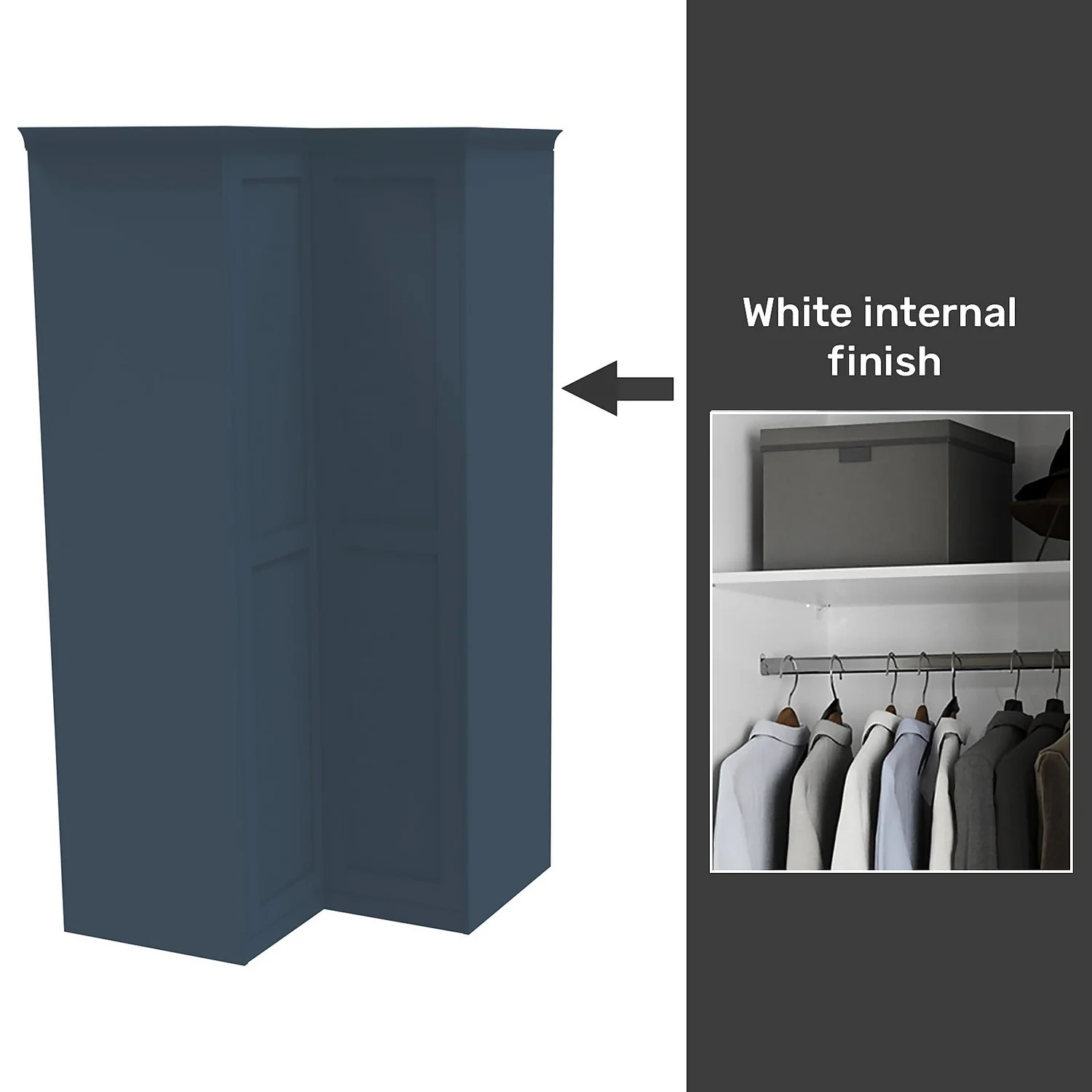 House Beautiful Realm Fitted Look Corner Wardrobe, White Carcass - Navy Blue Shaker Doors (W) 1103mm X (H) 2256mm 1 House Beautiful Realm Fitted Look Corner Wardrobe, White Carcass - Navy Blue Shaker Doors (W) 1103mm X (H) 2256mm
