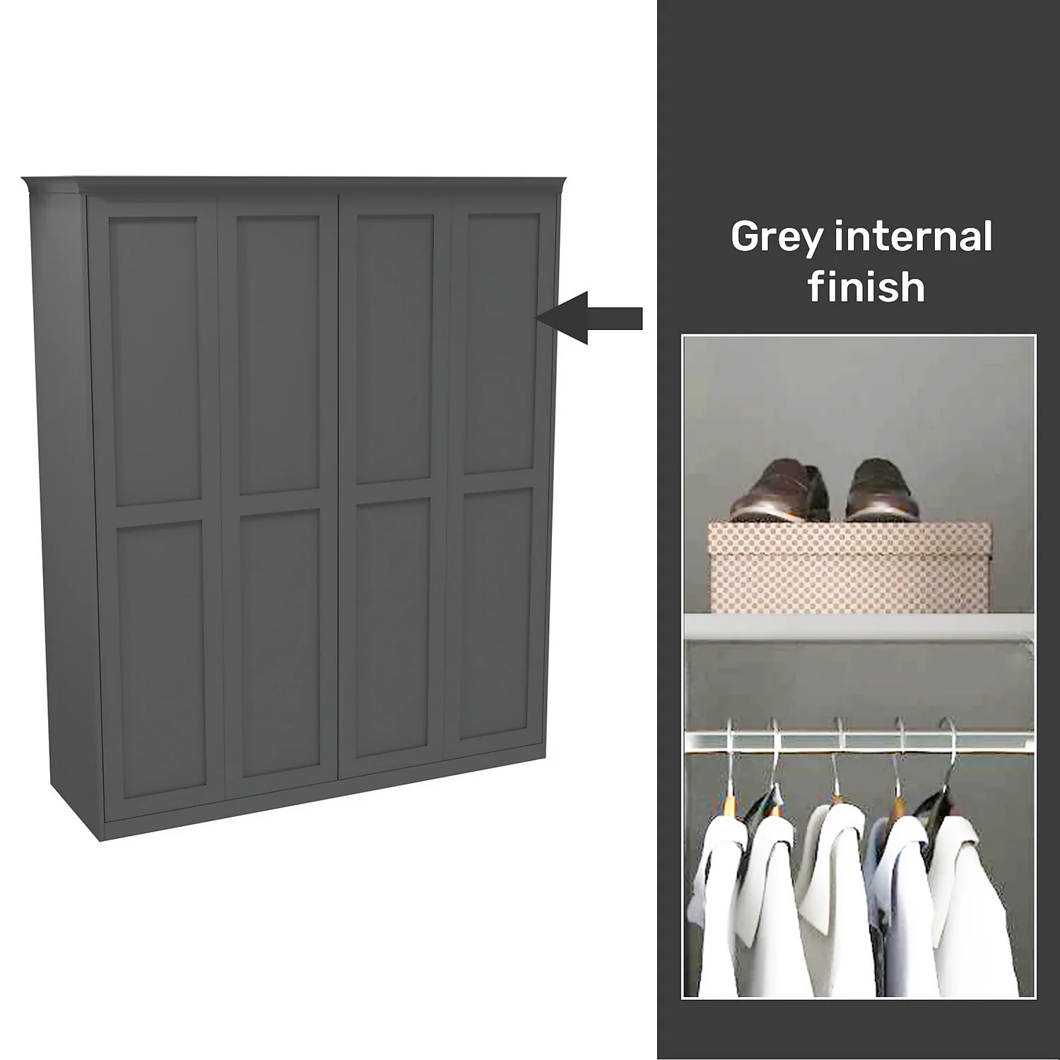House Beautiful Realm Fitted Look Quad Wardrobe, Grey Carcass - Carbon Grey Shaker Doors (W) 1901mm X (H) 2256mm 1 House Beautiful Realm Fitted Look Quad Wardrobe, Grey Carcass - Carbon Grey Shaker Doors (W) 1901mm X (H) 2256mm