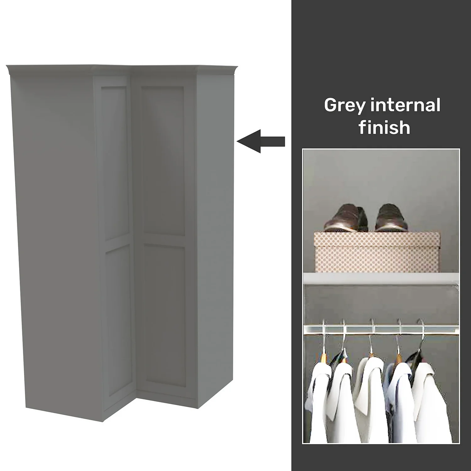 House Beautiful Realm Fitted Look Corner Wardrobe, Grey Carcass - Grey Shaker Doors (W) 1103mm X (H) 2256mm 1 House Beautiful Realm Fitted Look Corner Wardrobe, Grey Carcass - Grey Shaker Doors (W) 1103mm X (H) 2256mm