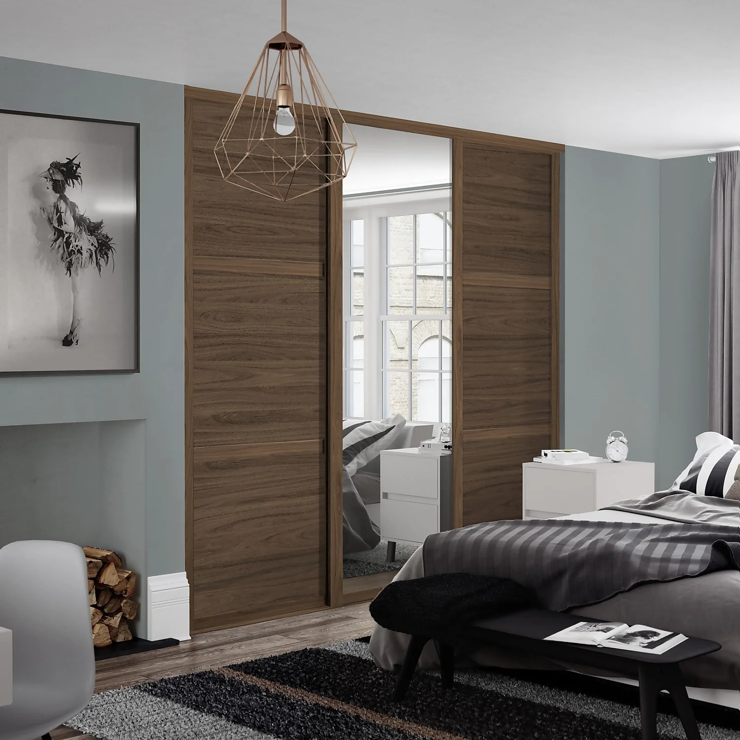 Shaker 3 Door Sliding Wardrobe Kit Walnut Panel / Mirror With Walnut Frame (W)1680 X (H)2260mm 2 Shaker 3 Door Sliding Wardrobe Kit Walnut Panel / Mirror With Walnut Frame (W)1680 X (H)2260mm - Image 2